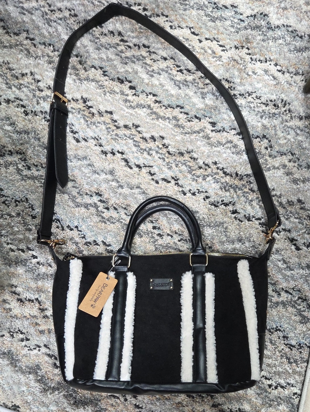 Black and White Bearpaw Faux-Shearling Shoulder Bag with Removable Strap